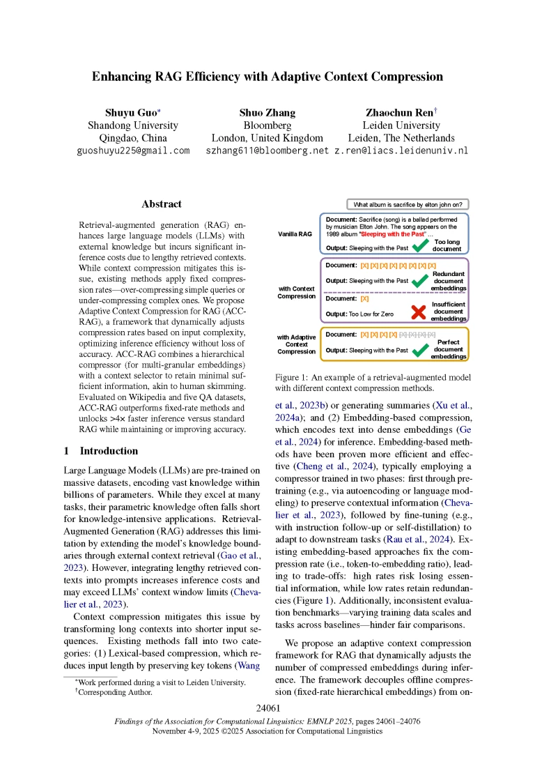 2025.findings-emnlp.1307_Page_01 Front page of paper published at EMNLP 2025 titled "Enhancing RAG Efficiency with Adaptive Context Compression"