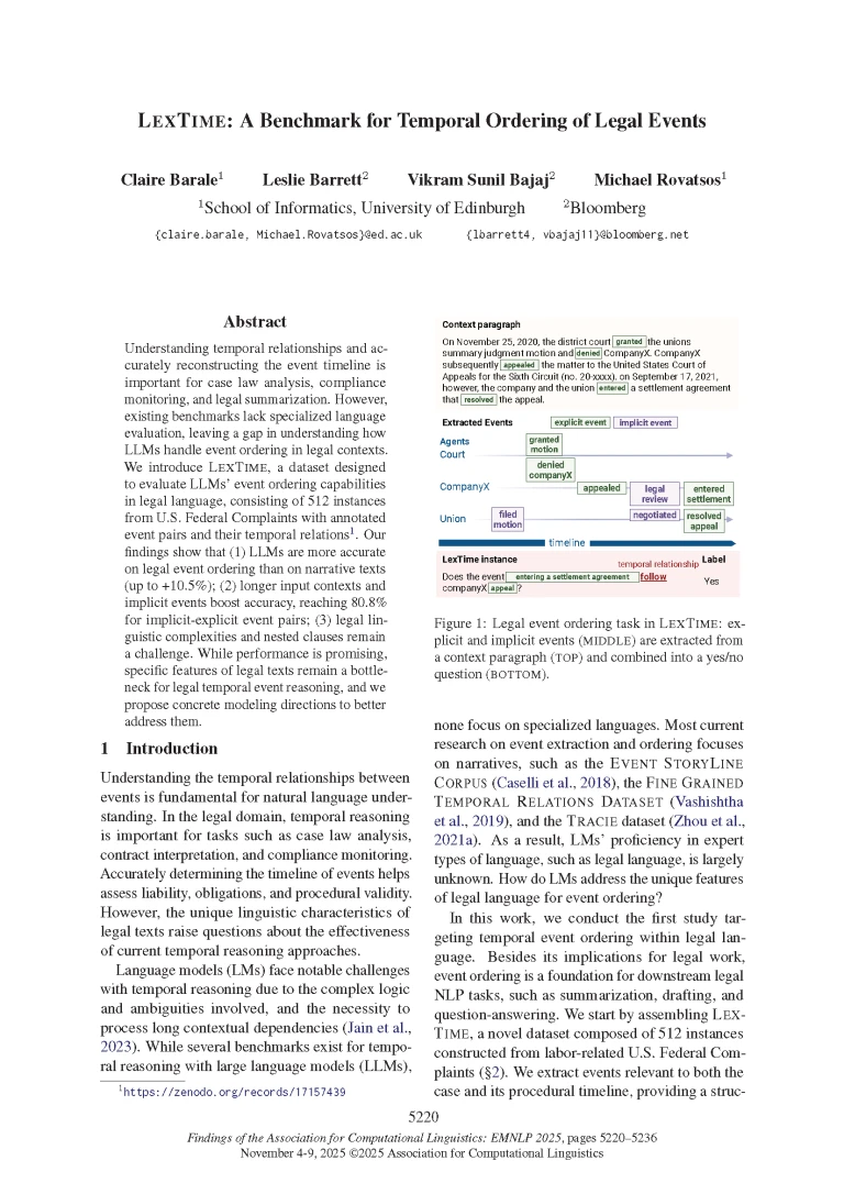 2025.findings-emnlp.280_Page_01 Front page of paper published at EMNLP 2025 titled "LEXTIME: A Benchmark for Temporal Ordering of Legal Events"