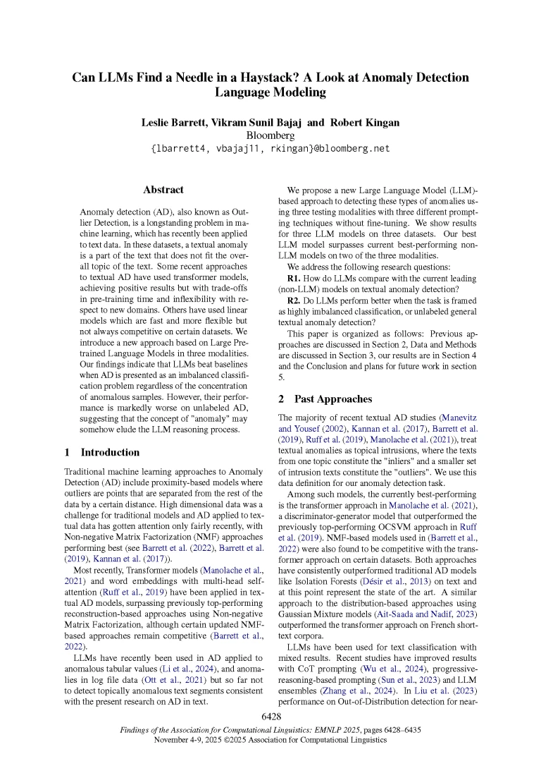 2025.findings-emnlp.341_Page_1 Front page of paper published at EMNLP 2025 titled "Can LLMs Find a Needle in a Haystack? A Look at Anomaly Detection"