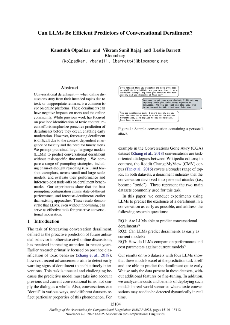 2025.findings-emnlp.816_Page_1 Front page of paper published at EMNLP 2025 titled "Can LLMs Be Efficient Predictors of Conversational Derailment?"