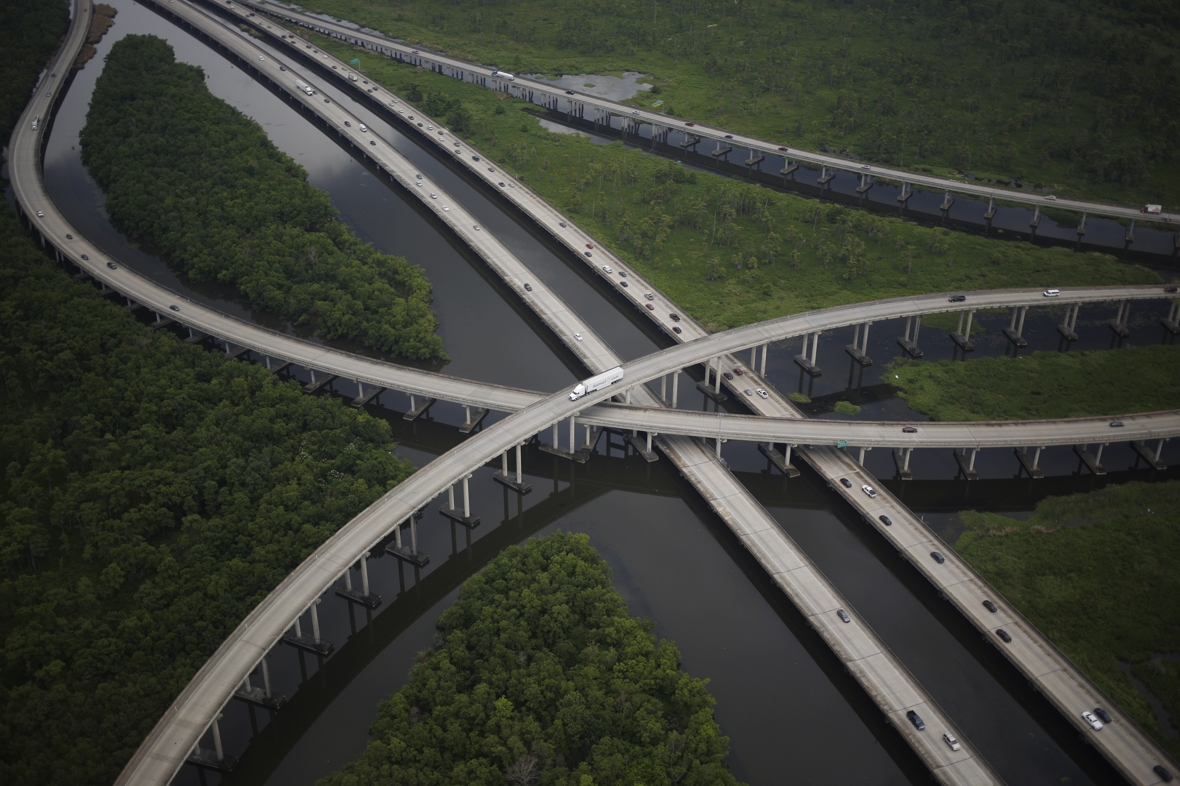 Vehicles move along Interstate Highway I-10